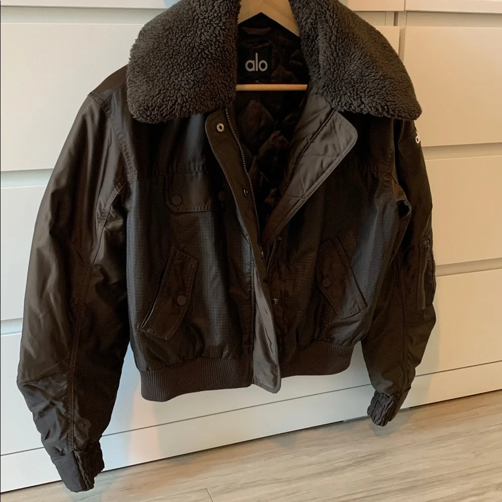 Price Firm Alo Espresso Brown Blaze Bomber Jacket with Sherpa Faux Fur Collar